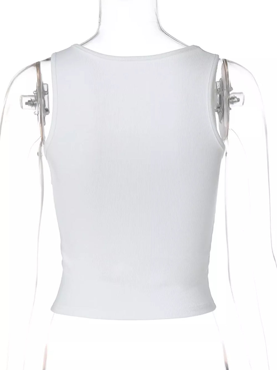 White ribbed cropped tank top with square neckline and rhinestone embellishments.