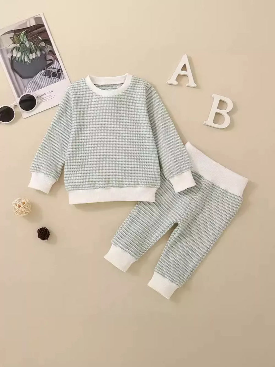 Light blue striped baby knit set with crewneck sweatshirt and pants