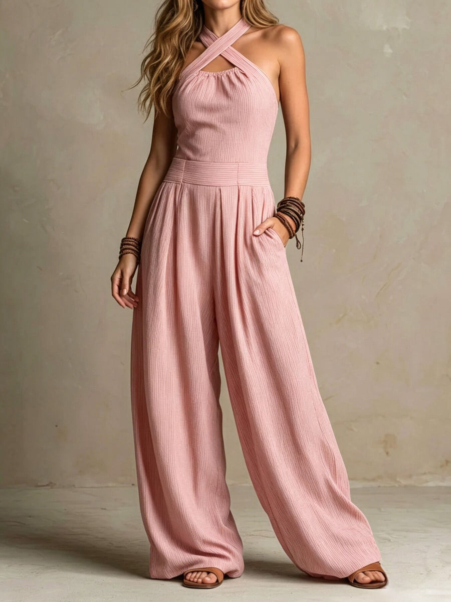 charcoal flared jumpsuit with halter