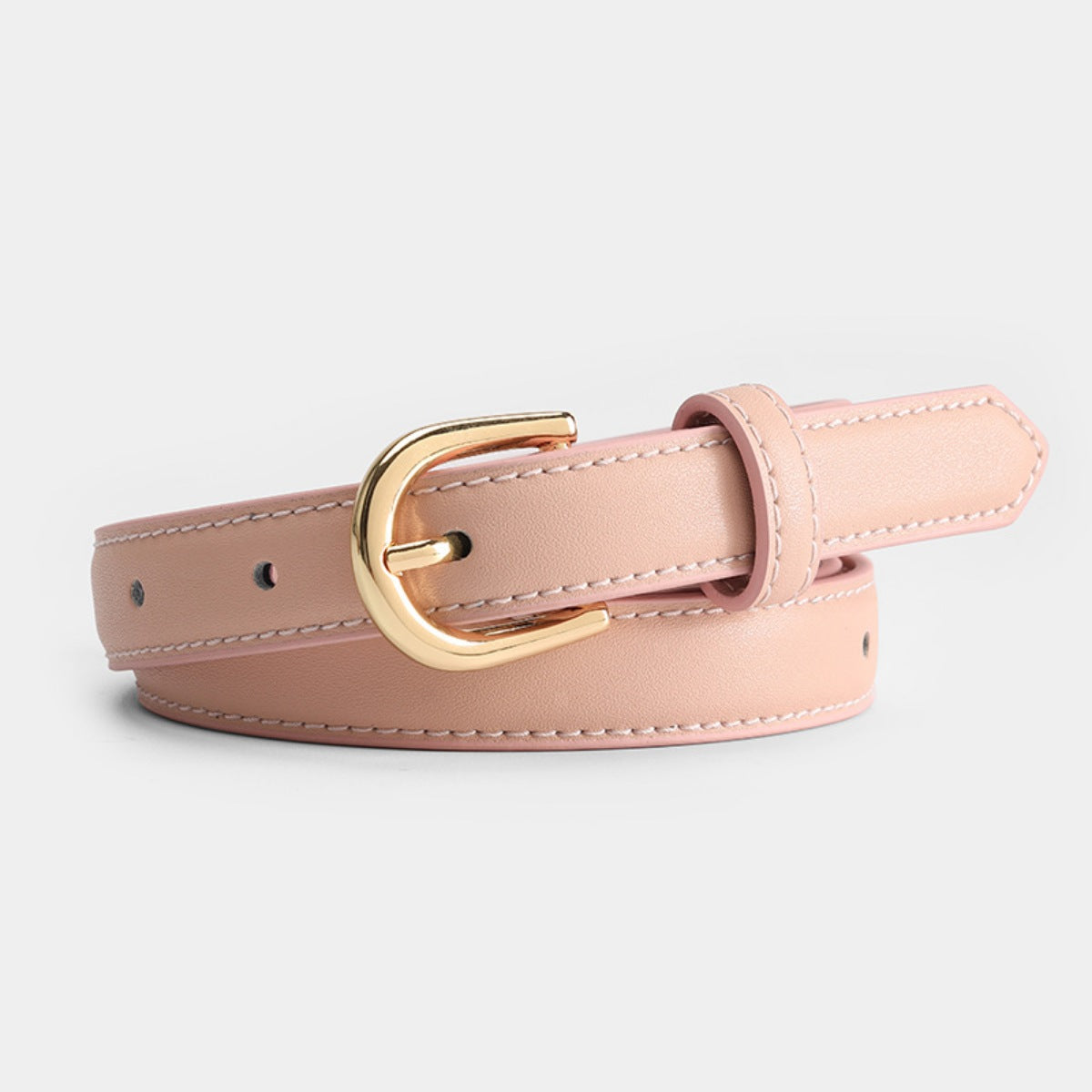 Sleek pink leather belt with luxe golden buckle and contrast stitching.