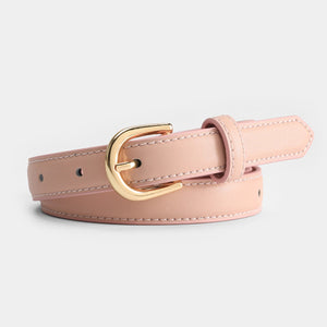 Sleek pink leather belt with luxe golden buckle and contrast stitching.