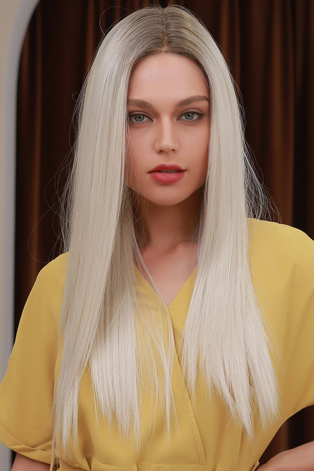 Ombre blonde lace front wig with ash brown roots, 26 inches long, sleek straight style