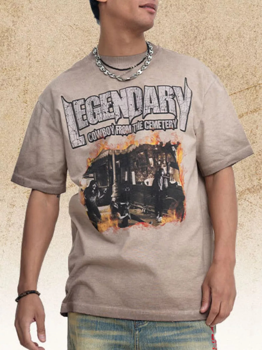 Khaki cotton blend t-shirt with bold cowboy graphic and distressed text.