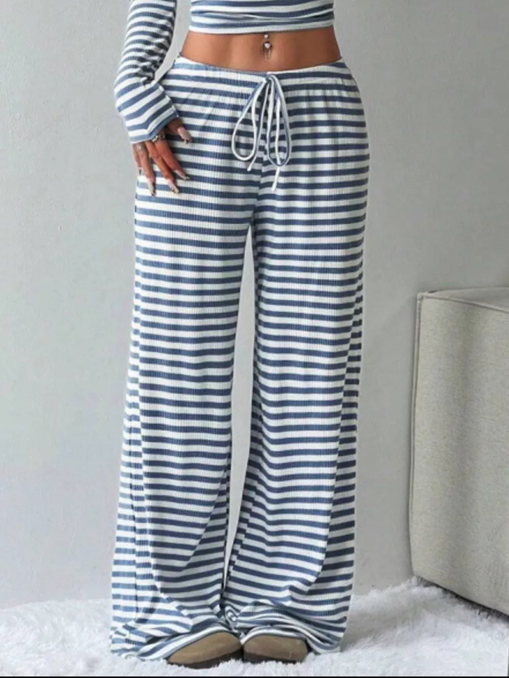 Sky blue and white striped crop top and wide-leg pants with drawstring waist