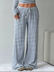 Sky blue and white striped crop top and wide-leg pants with drawstring waist