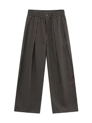 Plaid wide-leg relaxed fit joggers in grey with adjustable drawstring waist.