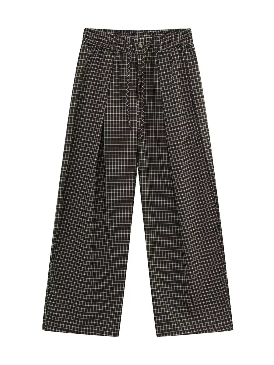 Plaid wide-leg relaxed fit joggers in grey with adjustable drawstring waist.