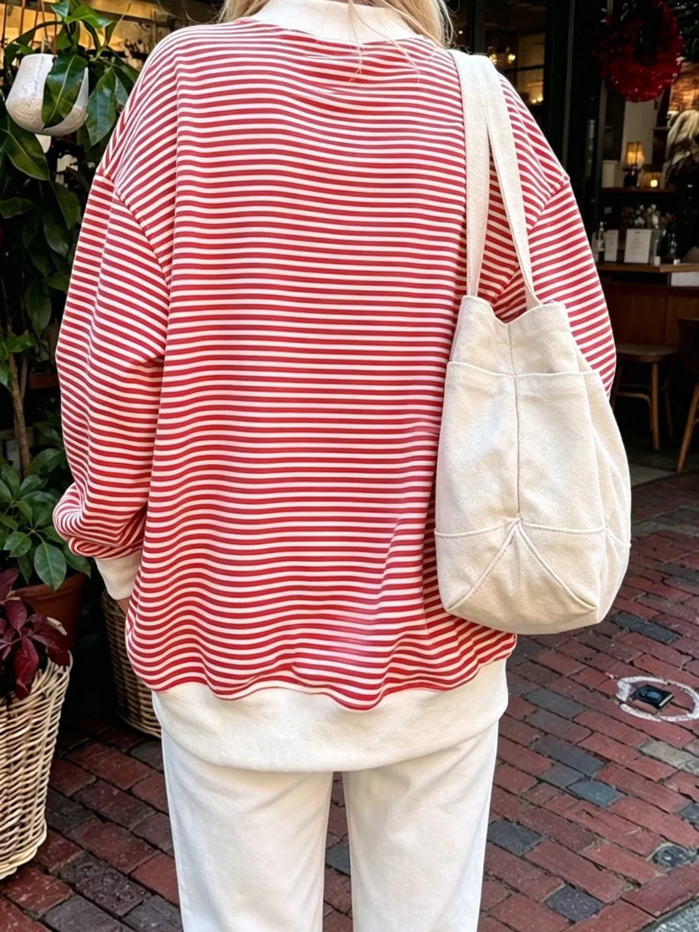 Oversized Striped Crew Neck Sweatshirt in Red with oversized