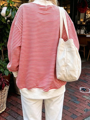 Oversized Striped Crew Neck Sweatshirt in Red with oversized
