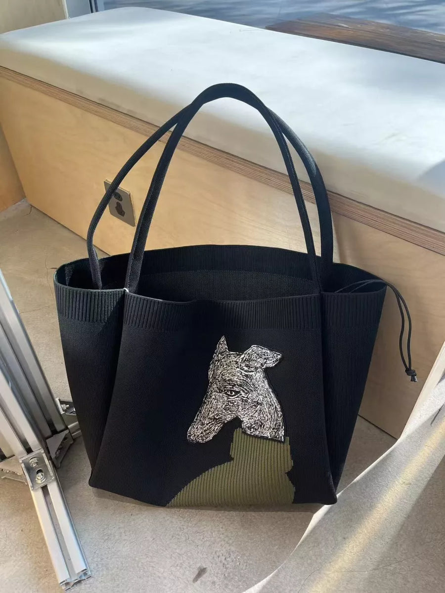 Black with Dog Knit Shoulder Bag