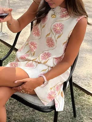 Delicate floral mini dress with high neckline in Gum Leaf