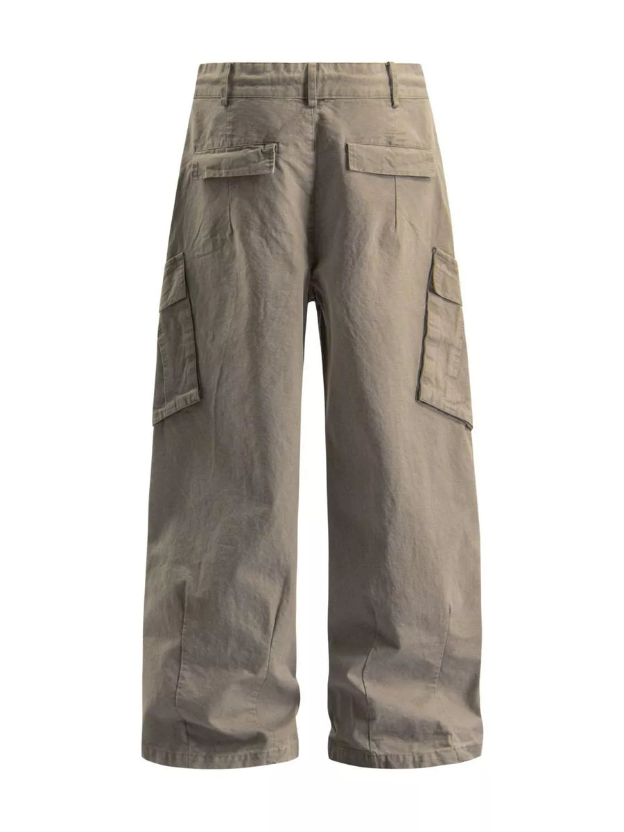 Khaki wide-leg cargo pants with multiple pockets and a relaxed fit