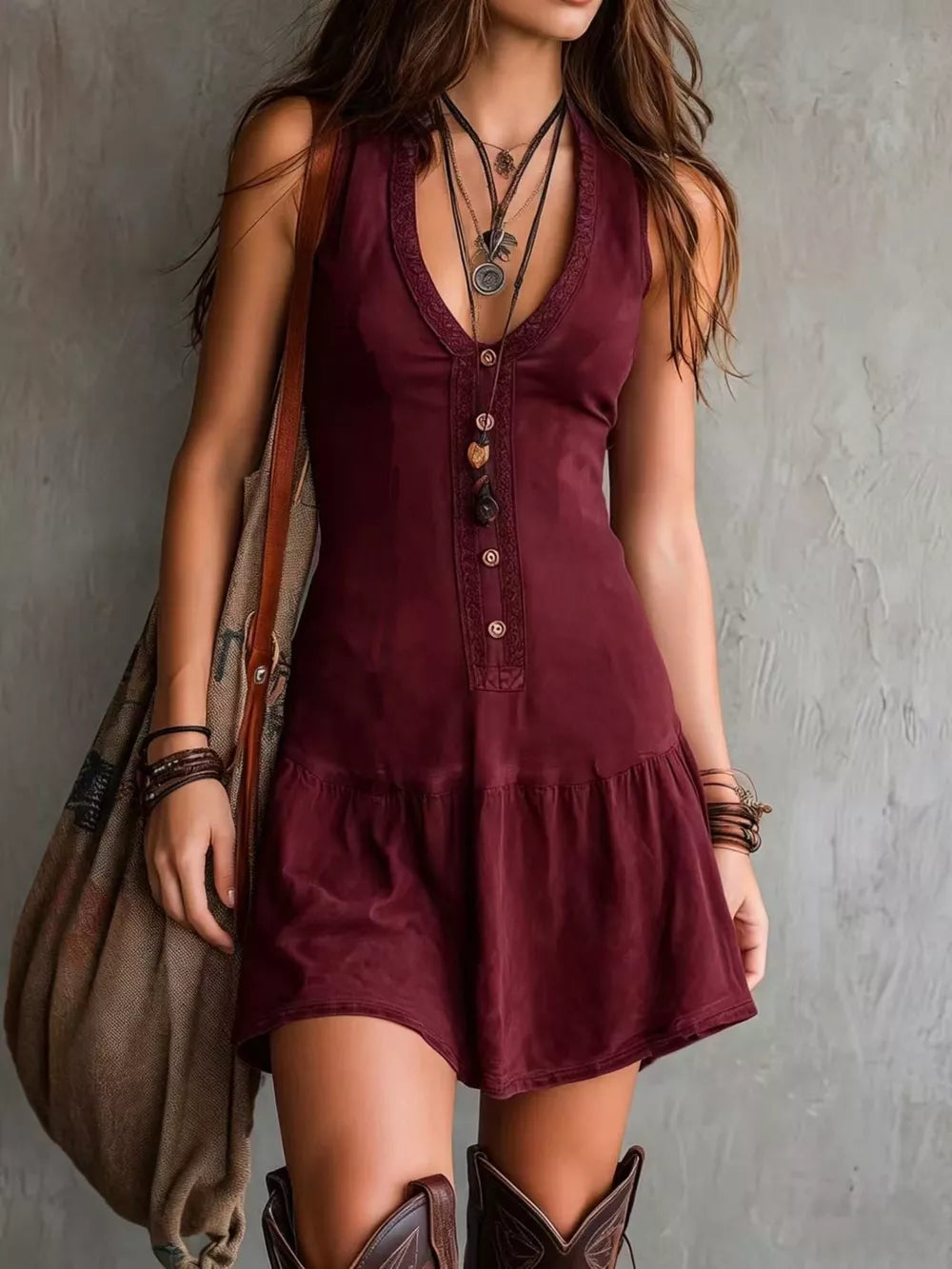 Pink A-line mini dress with v-neck