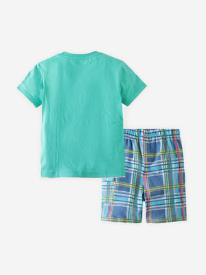 Toddler cotton t-shirt and plaid shorts set in teal and blue.