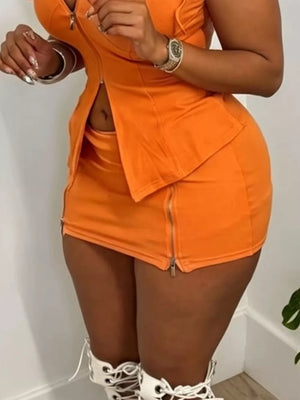 Orange hooded zippered two-piece set with skirt and zip detail