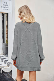 Light Gray cable knit cardigan with diamond pattern detail on back, acrylic.