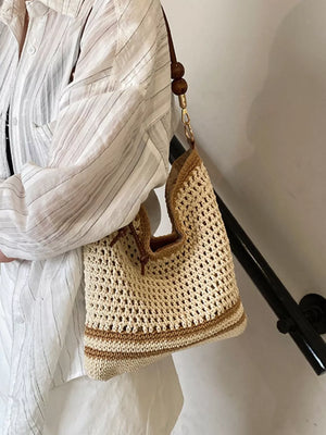 Beige with Crochet Knit Shoulder Bag in Beige