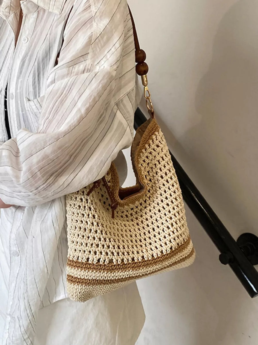 Beige with Crochet Knit Shoulder Bag in Beige