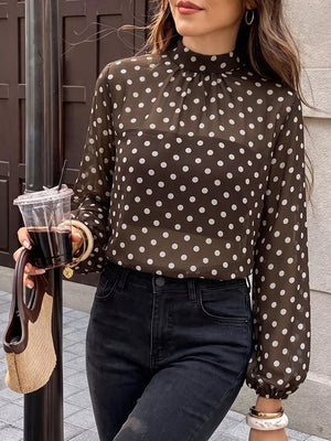 blouse in Coffee Brown with polka dot and buttoned