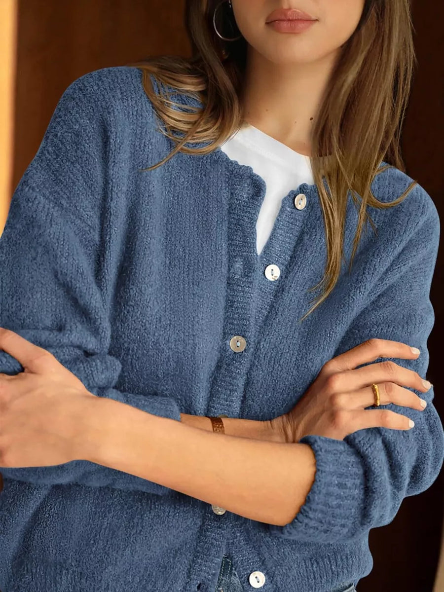 65% polyester, 30% viscose, 5% elastane Care instructions: Machine wash cold cardigan in Navy Blue with relaxed silhouette