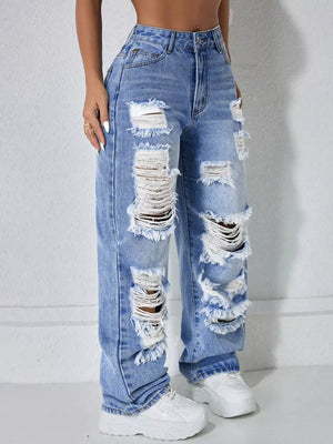 Blue Distressed Wide Leg Jeans