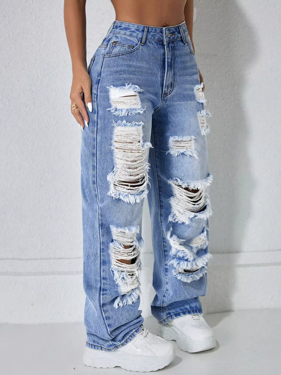 Blue Distressed Wide Leg Jeans