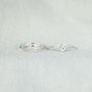 Silver double heart halo ring set with pave details