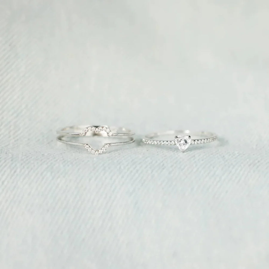 Silver double heart halo ring set with pave details