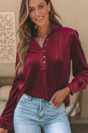 Burgundy velvet button-down blouse with mandarin collar and gold buttons