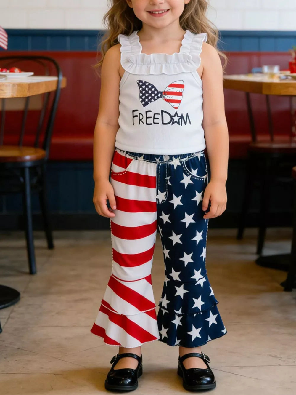 Patriotic ruffle tank and bell bottom pants set with stars and stripes print and freedom graphic.