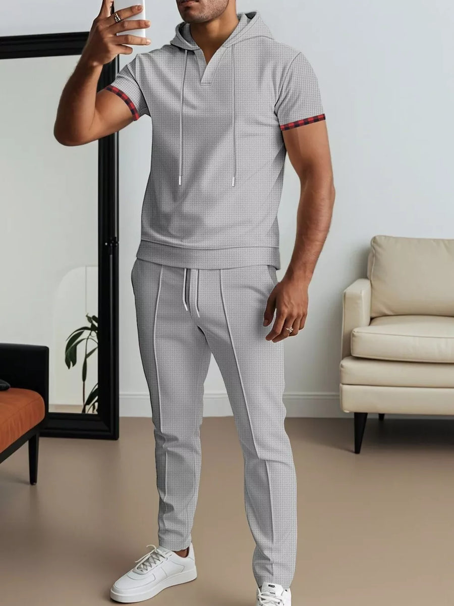 Men's Casual Short-sleeve Hoodie And Pants Set in Grey