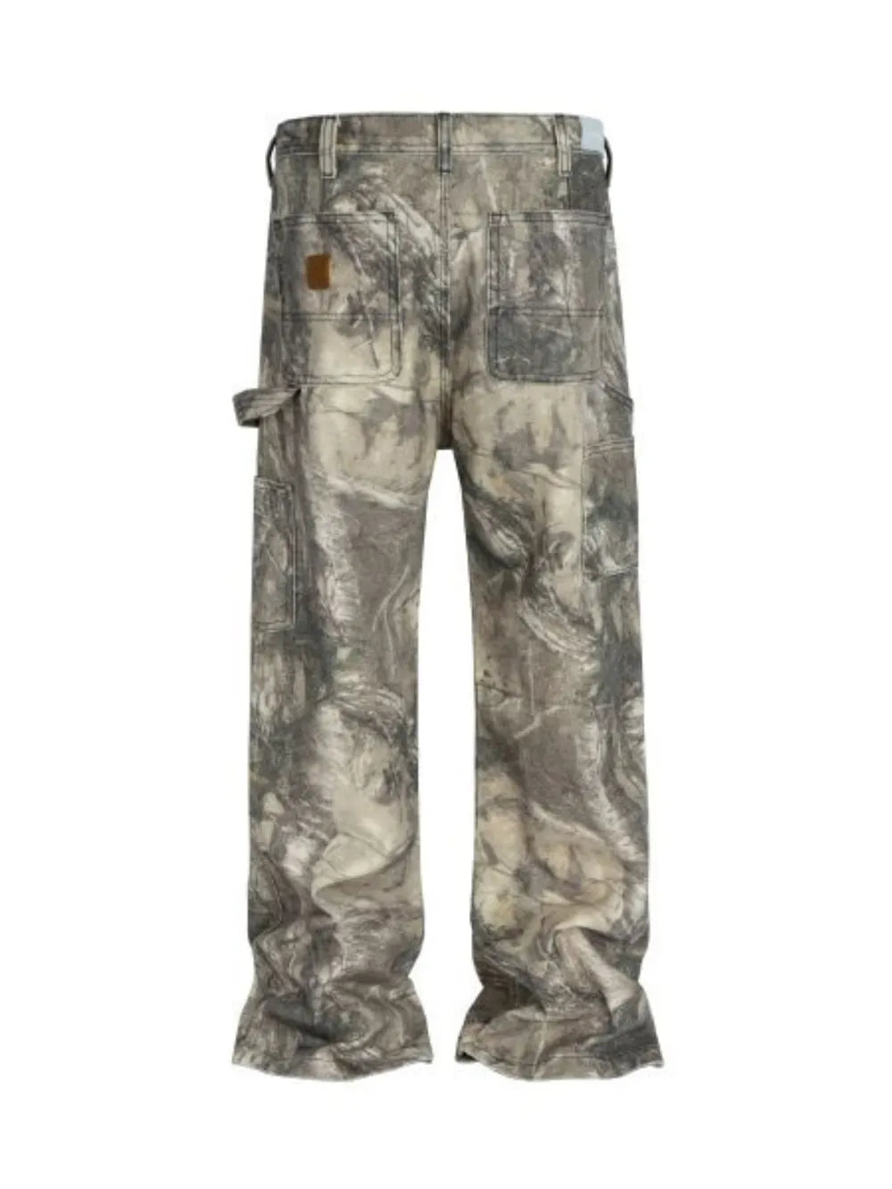 Carpenter jeans in Real Tree camo pattern with raw hem and mocha color.