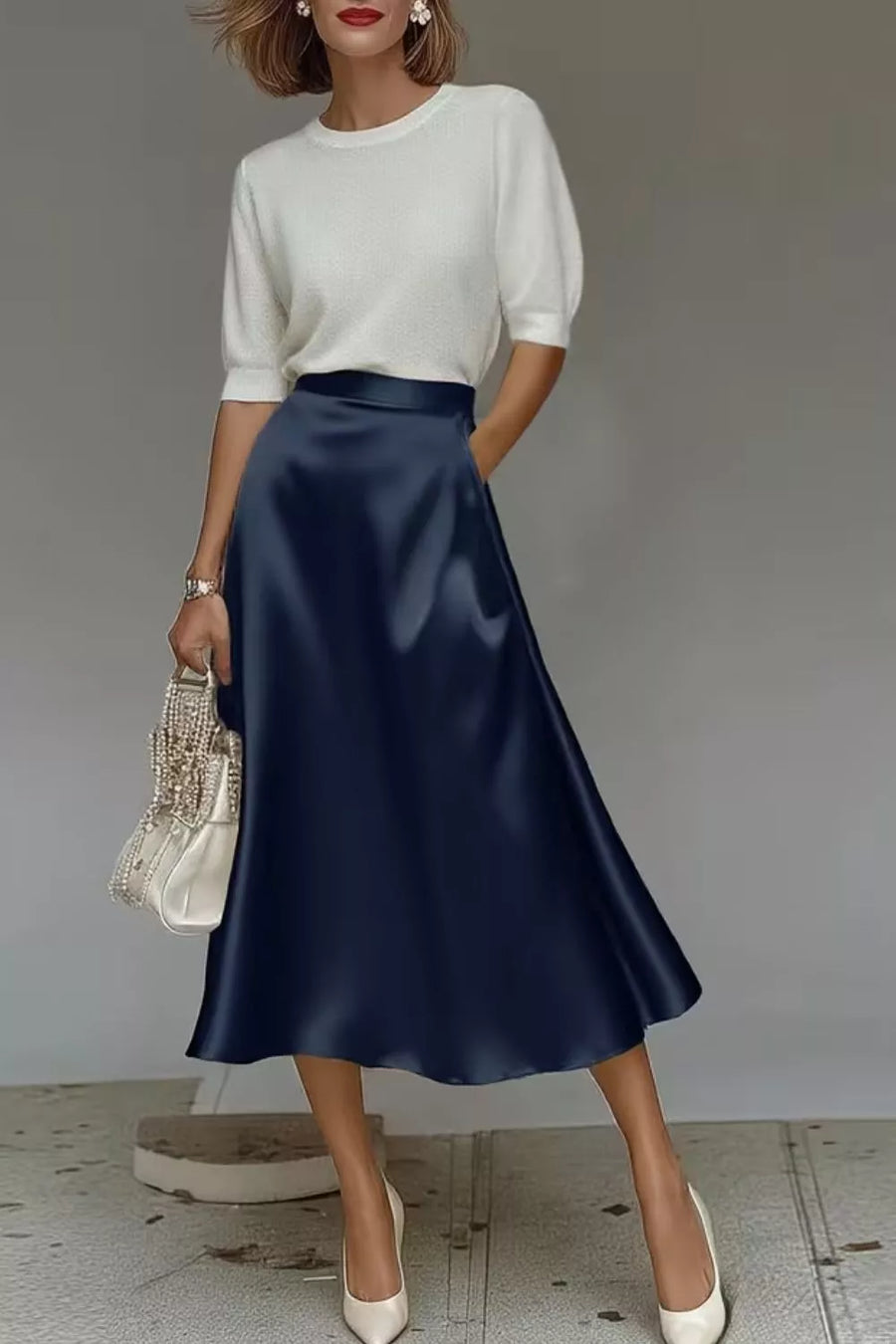 Navy a-line midi skirt with hidden pockets, smooth lustrous fabric