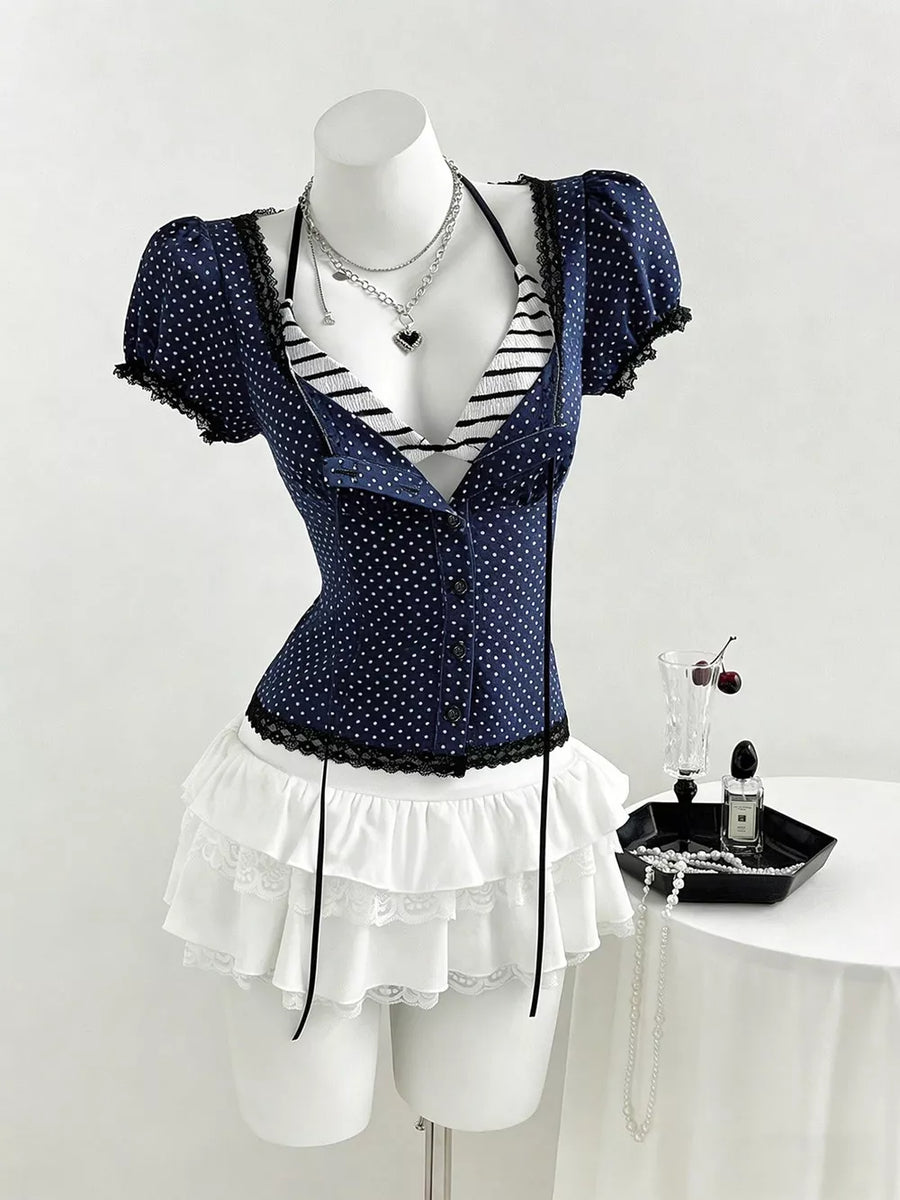 Dark Blue with Polka Dot Lace Trim Puff Sleeve Top in Dark Blue