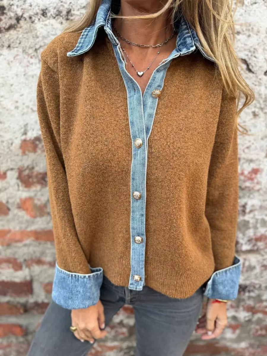Caramel Contrast Denim Trimmed Sweater Cardigan