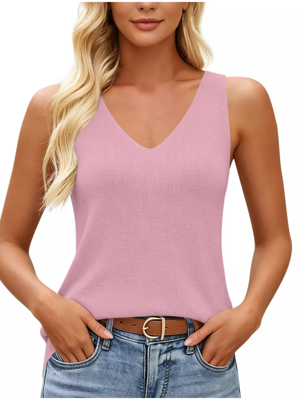 V-neck Ribbed Knit Tank Top in Navy, view 13