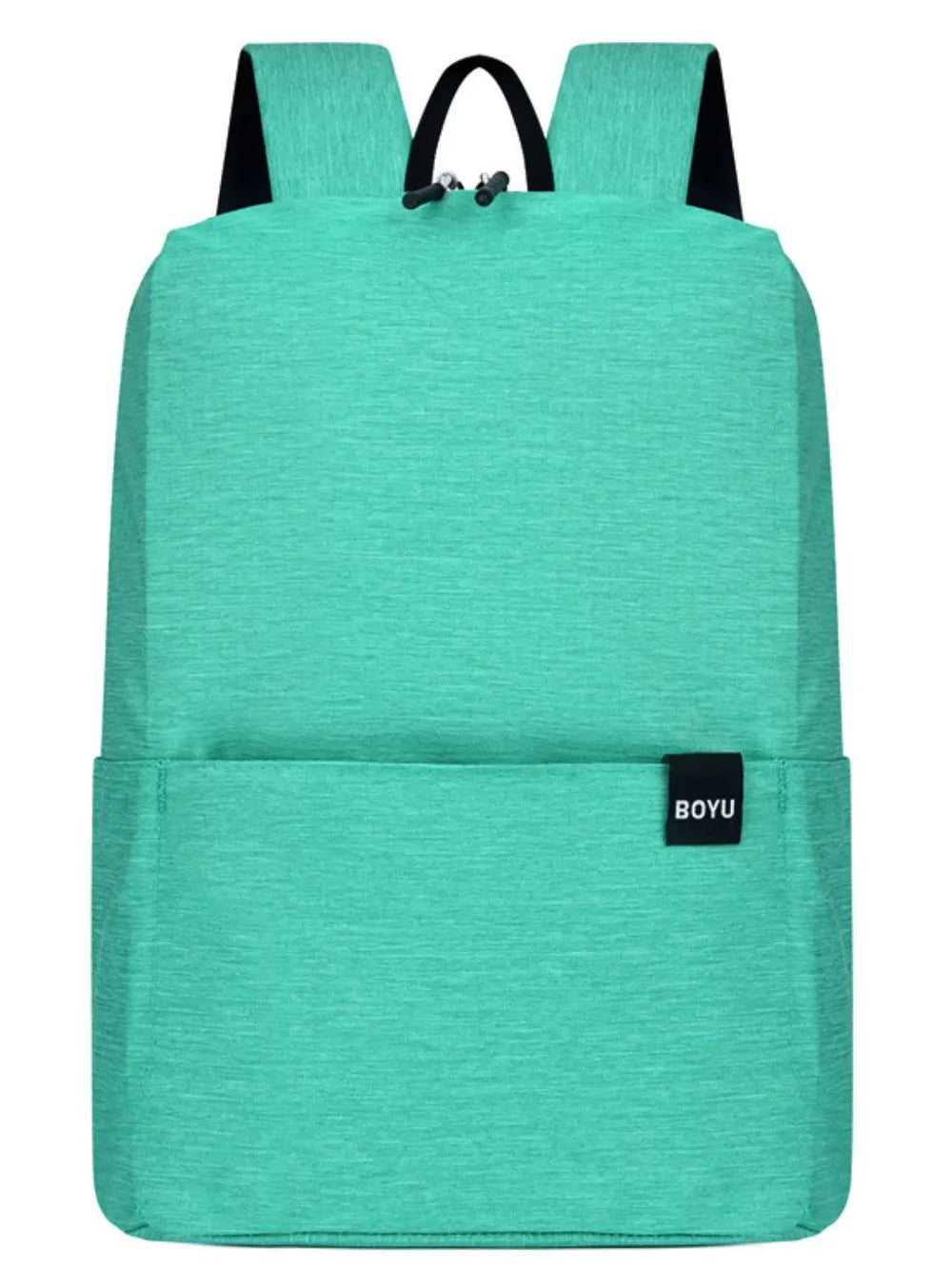Textured aqua backpack with minimalist design and front pocket.