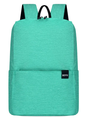 Textured aqua backpack with minimalist design and front pocket.