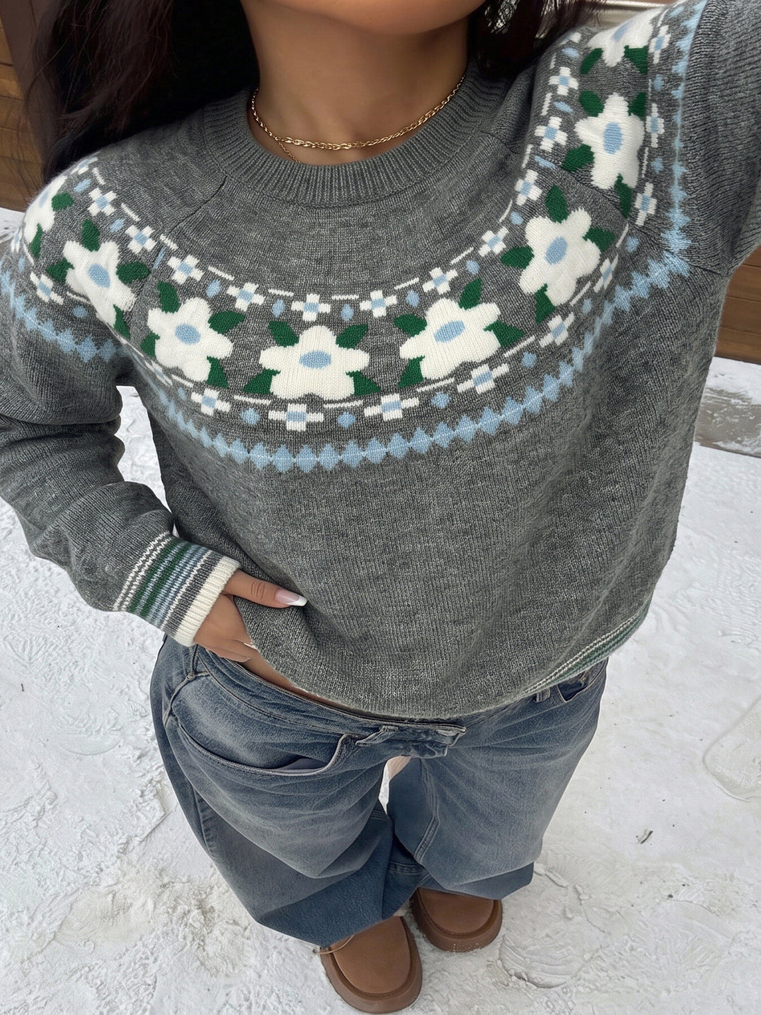 dark grey pullover sweater with floral and round neck