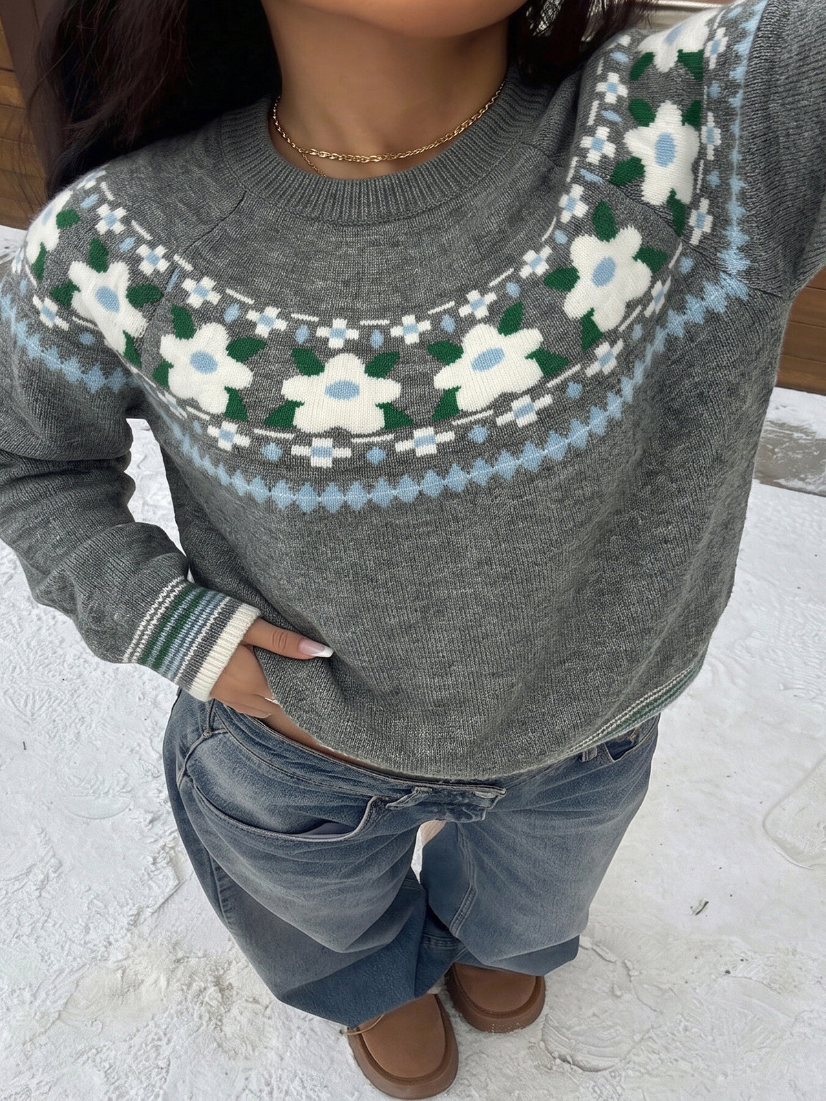 dark grey pullover sweater with floral and round neck