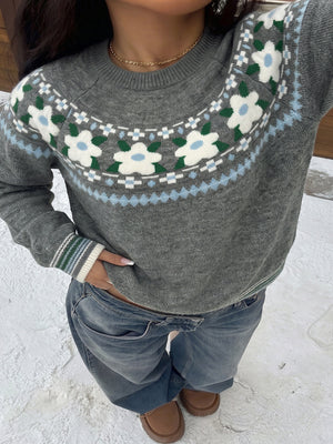 dark grey pullover sweater with floral and round neck