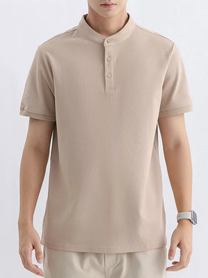 Men's short sleeve t-shirt in apricot with mandarin collar and button placket.