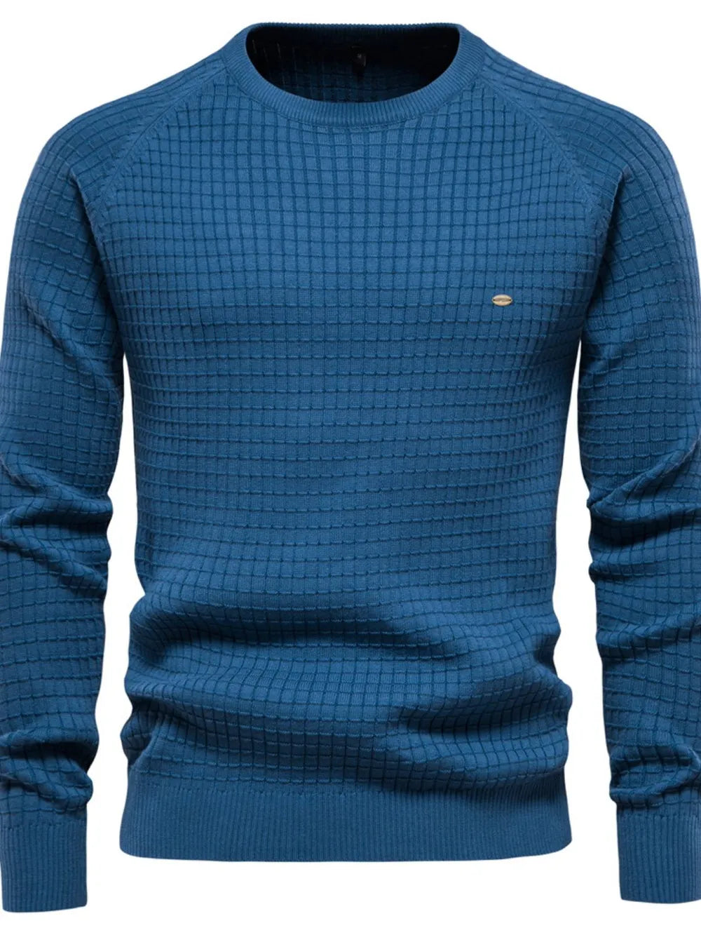 Textured grid crewneck sweater in peacock blue with raglan sleeves and a small logo detail.