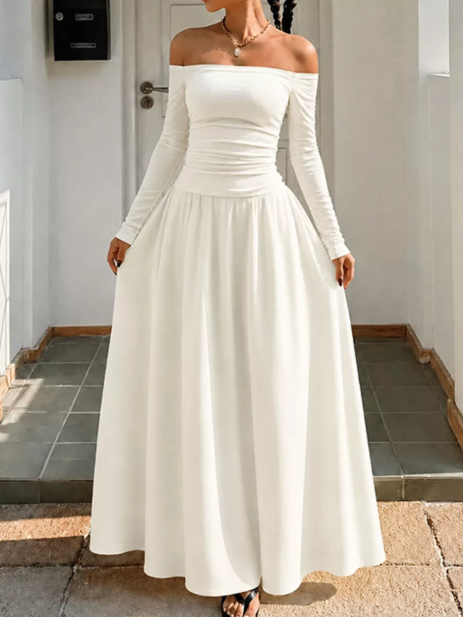 Off-the-shoulder Maxi Dress in White Polka Dots