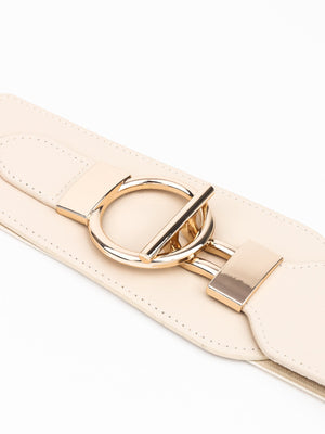 Cream elastic waist belt with gold D-ring buckle and hardware detail