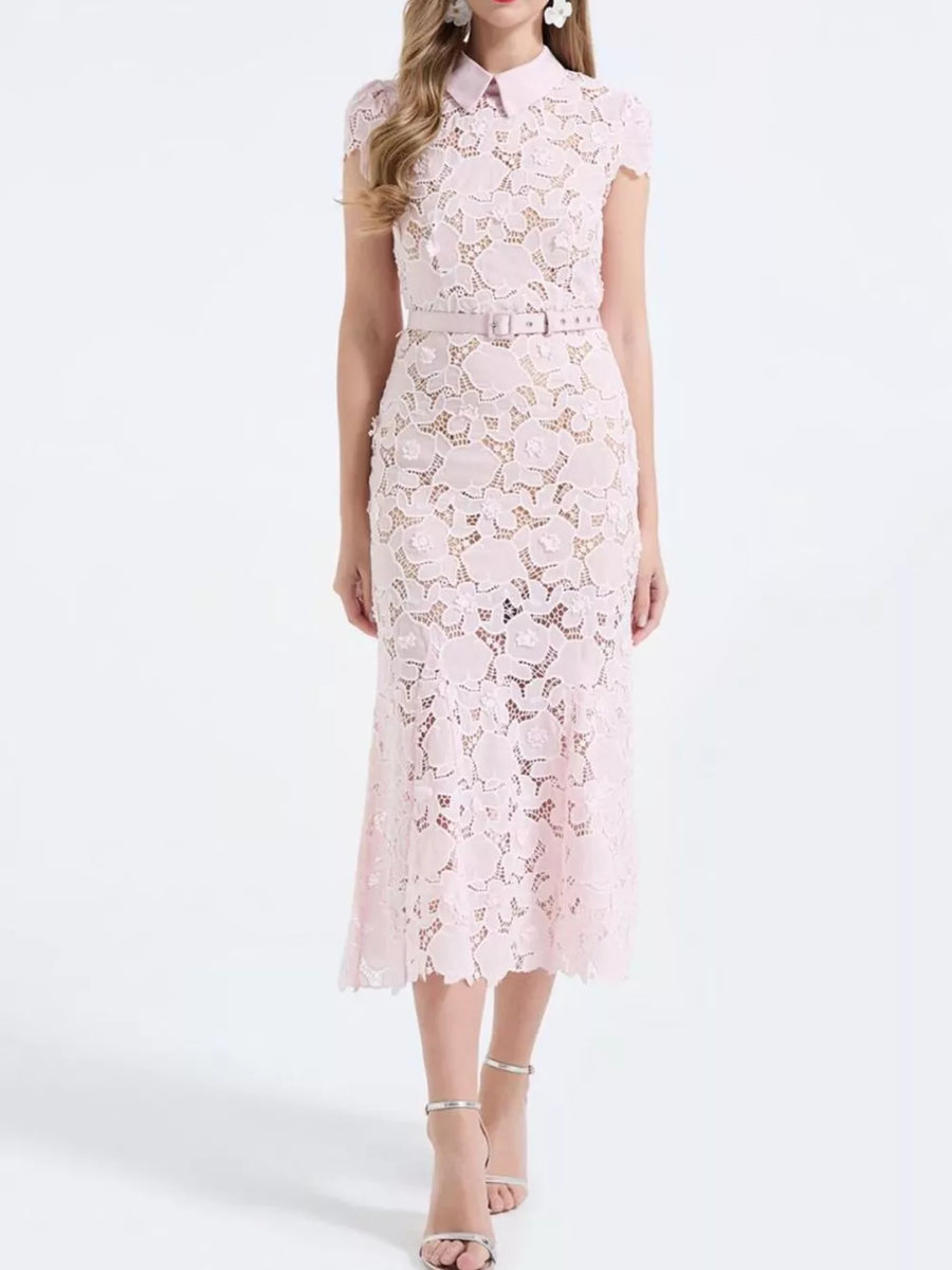 Pink floral lace midi dress with short sleeves, collar, and belt