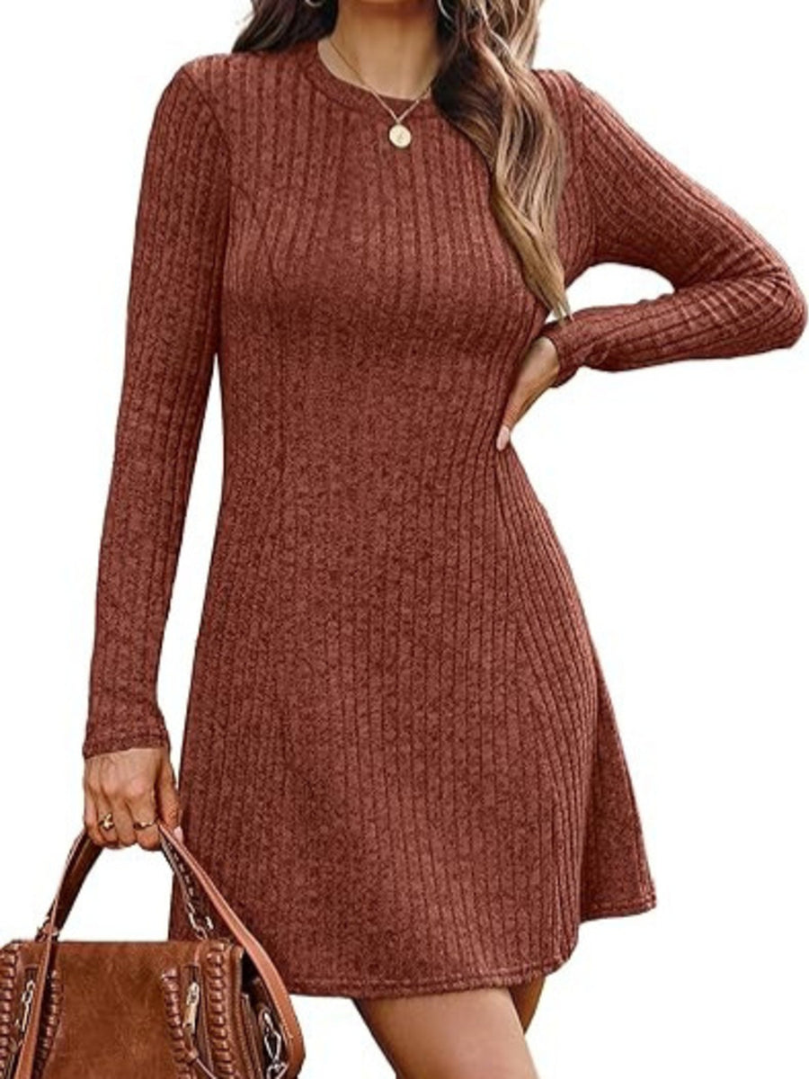 sweater dress in rust featuring ribbed knit and A-line fit