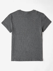 Gray t-shirt with short sleeves and a crew neck.