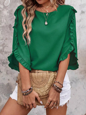 Green ruffled sleeve blouse with button detail, round neck, short sleeves.