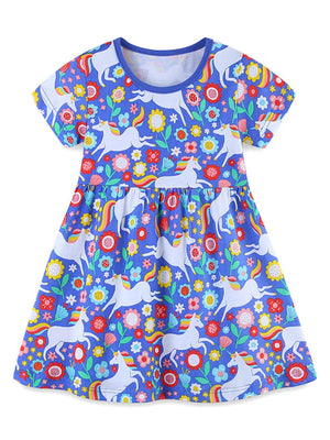 Girls blue unicorn and floral print short sleeve dress